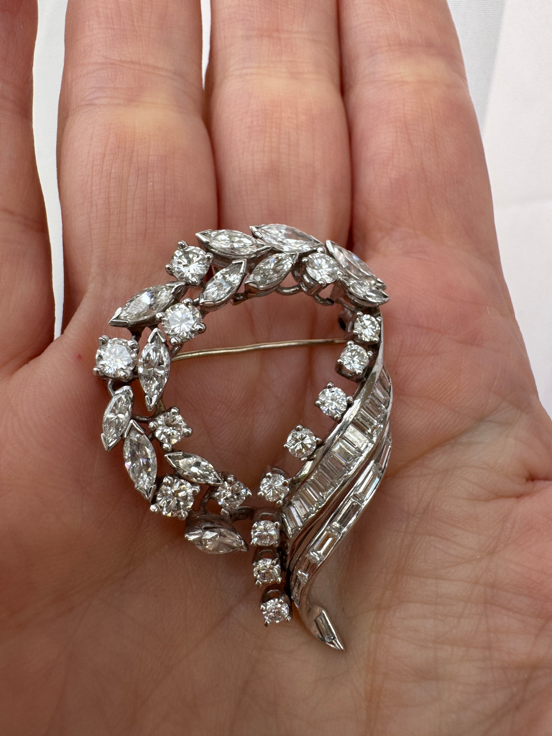 Mid-Century Platinum Diamond Brooch | 5.00 CTW Marquise, Round & Baguette Diamond Ribbon Wreath Pin