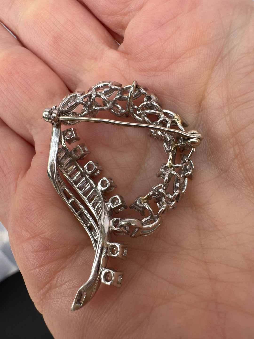 Mid-Century Platinum Diamond Brooch | 5.00 CTW Marquise, Round & Baguette Diamond Ribbon Wreath Pin