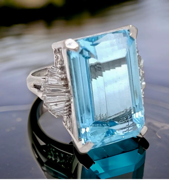 Vintage 34.59 Carat Aquamarine and Natural Diamond Platinum Ring