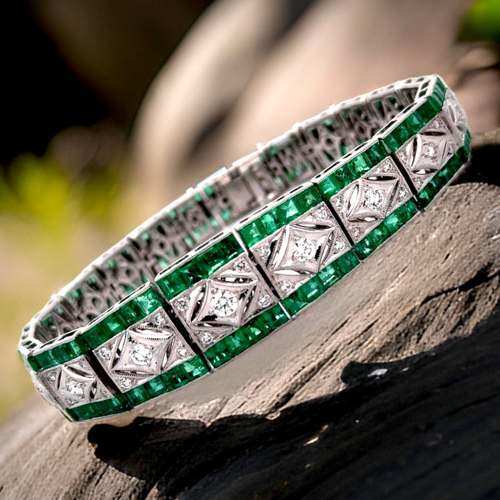 Emerald and 1.24 Carat Diamond Art Deco Style Bracelet