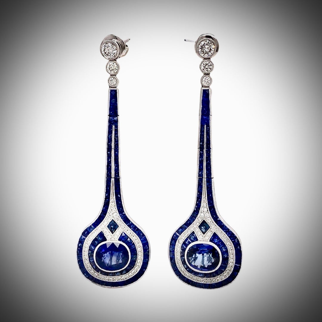 Aristocrat Art Deco Style 11.30 cttw Ceylon Sapphire Diamond Drop Earrings