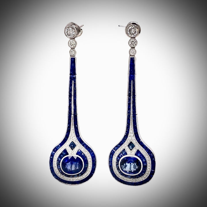 Aristocrat Art Deco Style 11.30 cttw Ceylon Sapphire Diamond Drop Earrings