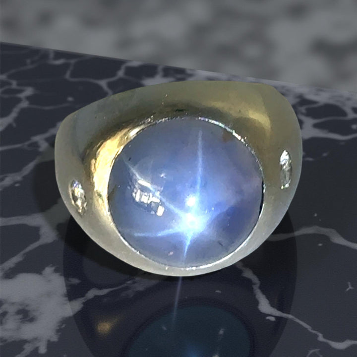 Vintage Cabochon Star Sapphire and Diamond Platinum Gents Ring