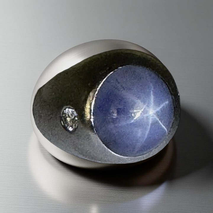 Vintage Cabochon Star Sapphire and Diamond Platinum Gents Ring