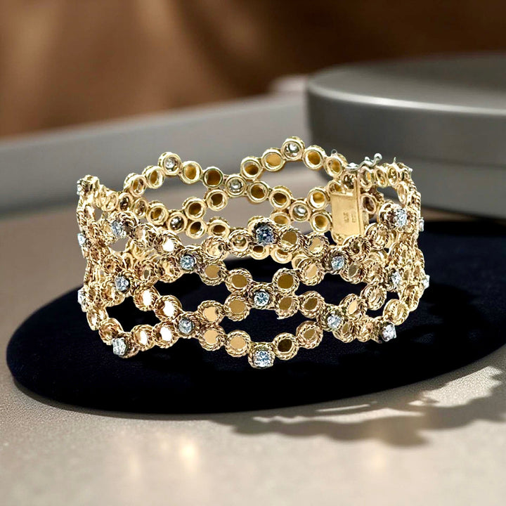 Italian Designer Diamond and 18K Yellow/White Gold Wide Weave Bracelet