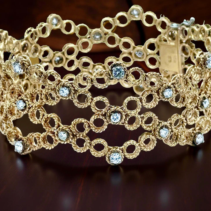 Italian Designer Diamond and 18K Yellow/White Gold Wide Weave Bracelet