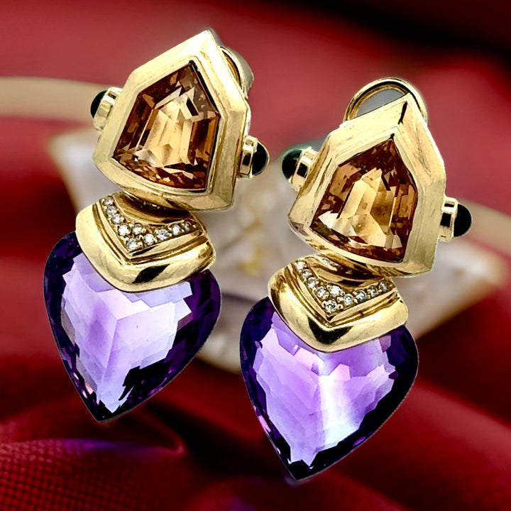 Personal Estate Of Hollywood Actress Diane Ladd 40 cttw Amethsyt 20 cttw Citrine and Diamond 18K YG Earrings 15299