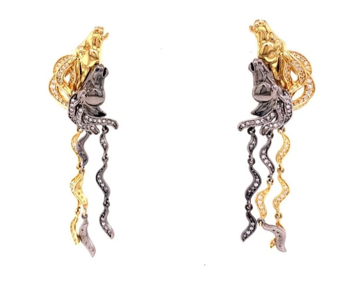 Diamond and 18K Yellow Gold and Black Rhodium Horse Earrings