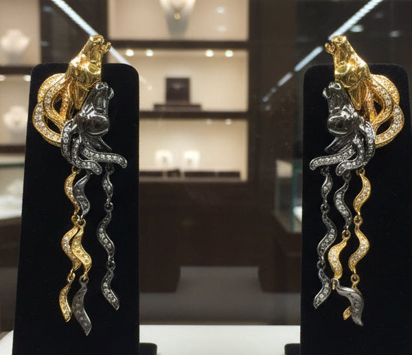 Diamond and 18K Yellow Gold and Black Rhodium Horse Earrings