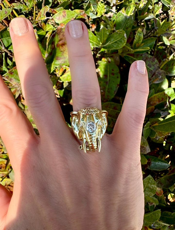 Estate Elephant Diamond "Good Fortune" 14K Yellow Gold Ring 15670