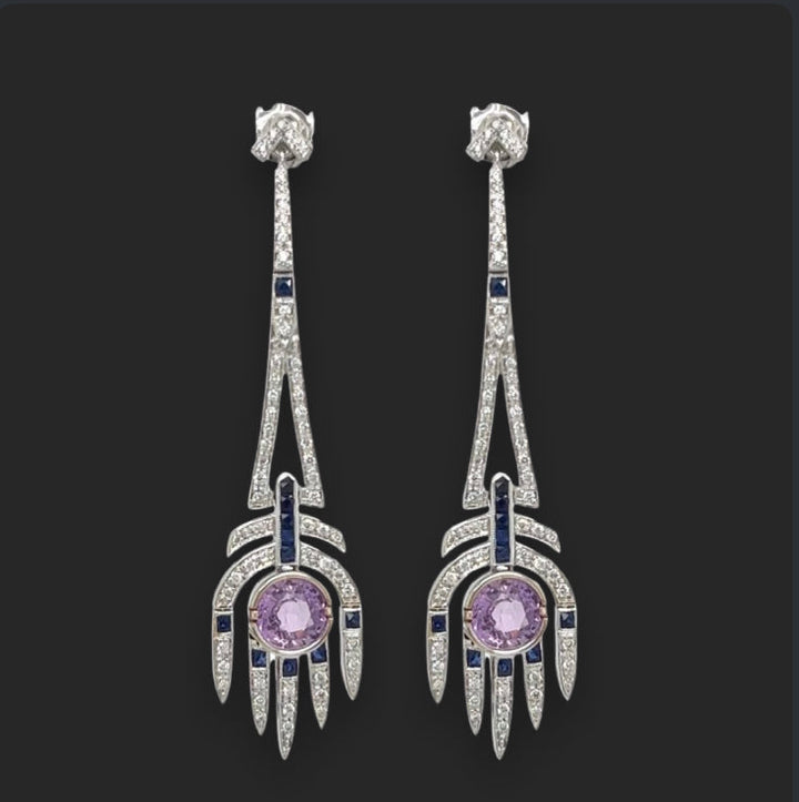 Aristocrat Art Deco Style Diamond, Pink and Blue Sapphire and 18K White Gold Dangle Earrings
