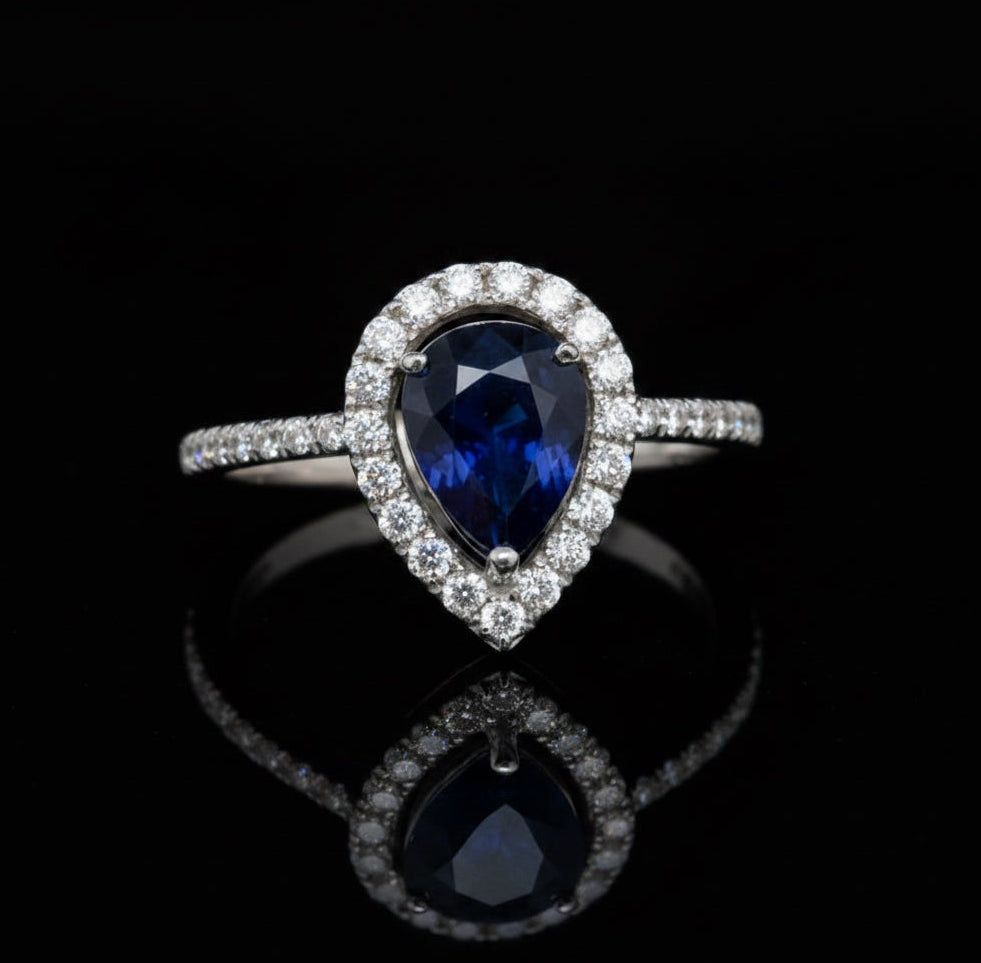 Sapphire and Diamond 14K White Gold Halo Ring