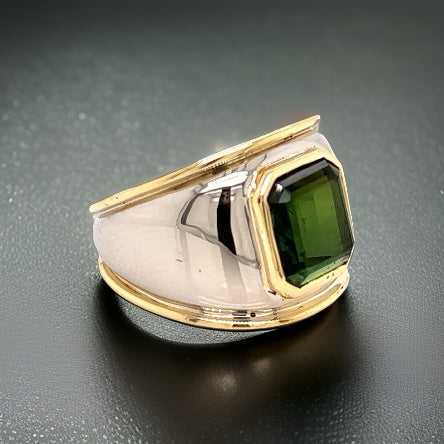 Green Tourmaline and 14K/18K White/Yellow Bold Gold Ring