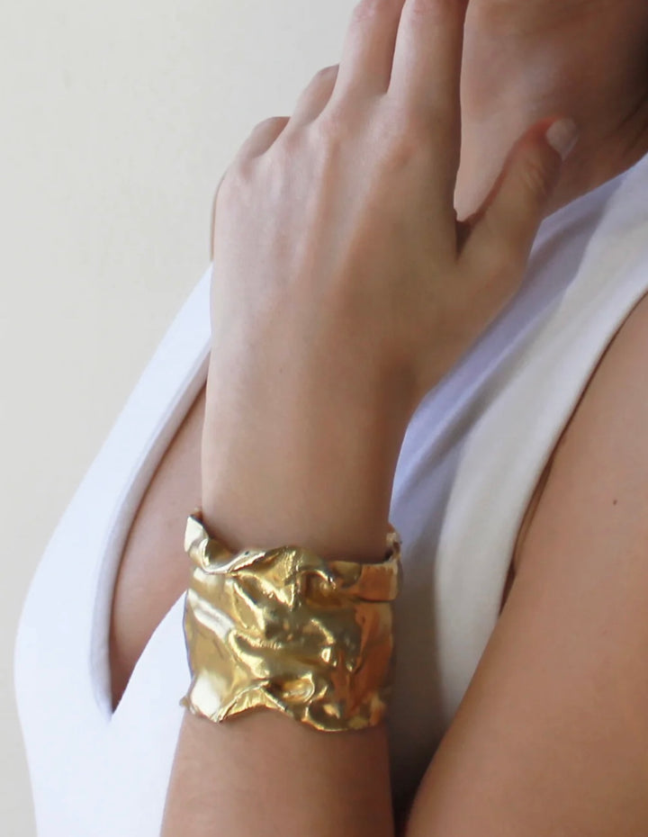 Gold Crinkle Cuff Statement Bangle Bracelet