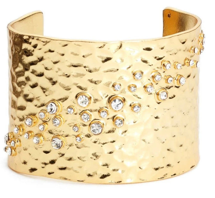 Gold Hammered Cuff and Crystal Statement Bangle Bracelet