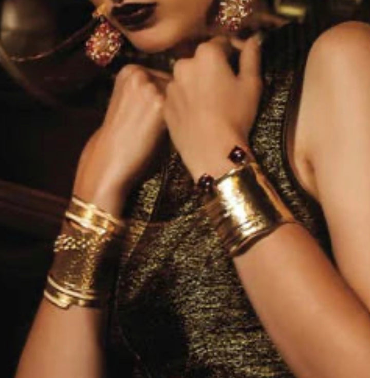 Gold Hammered Cuff and Crystal Statement Bangle Bracelet