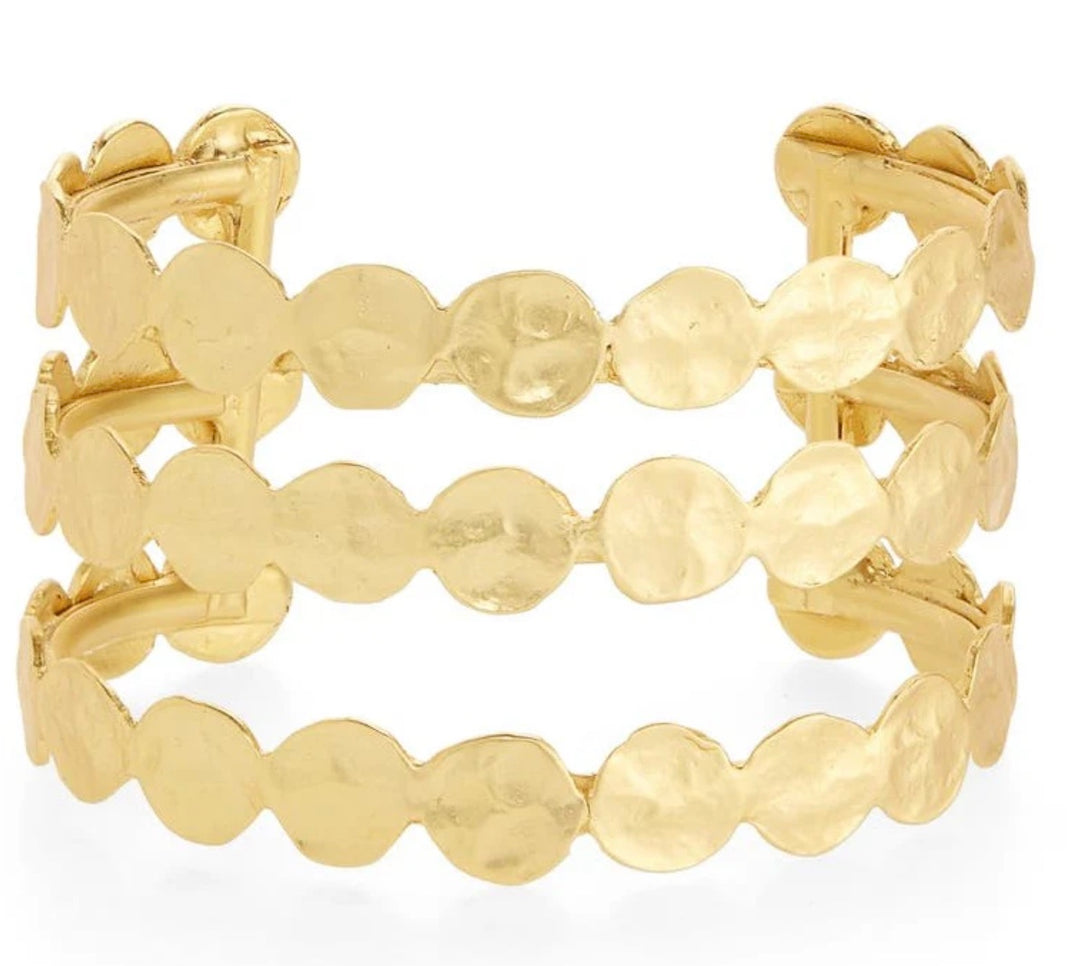 Gold Three Row Layered Coin Cuff Statement Bangle Bracelet
