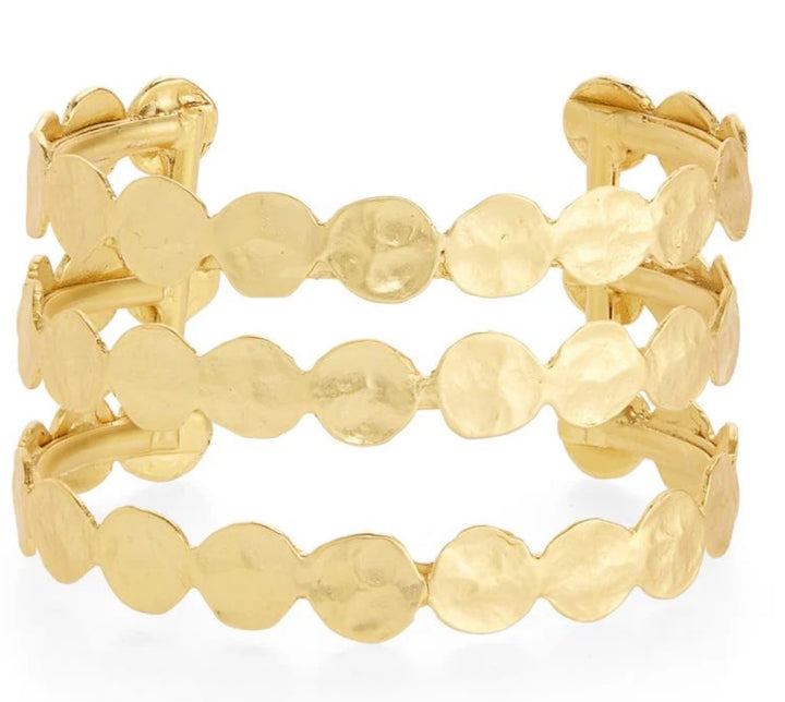 Gold Three Row Layered Coin Cuff Statement Bangle Bracelet