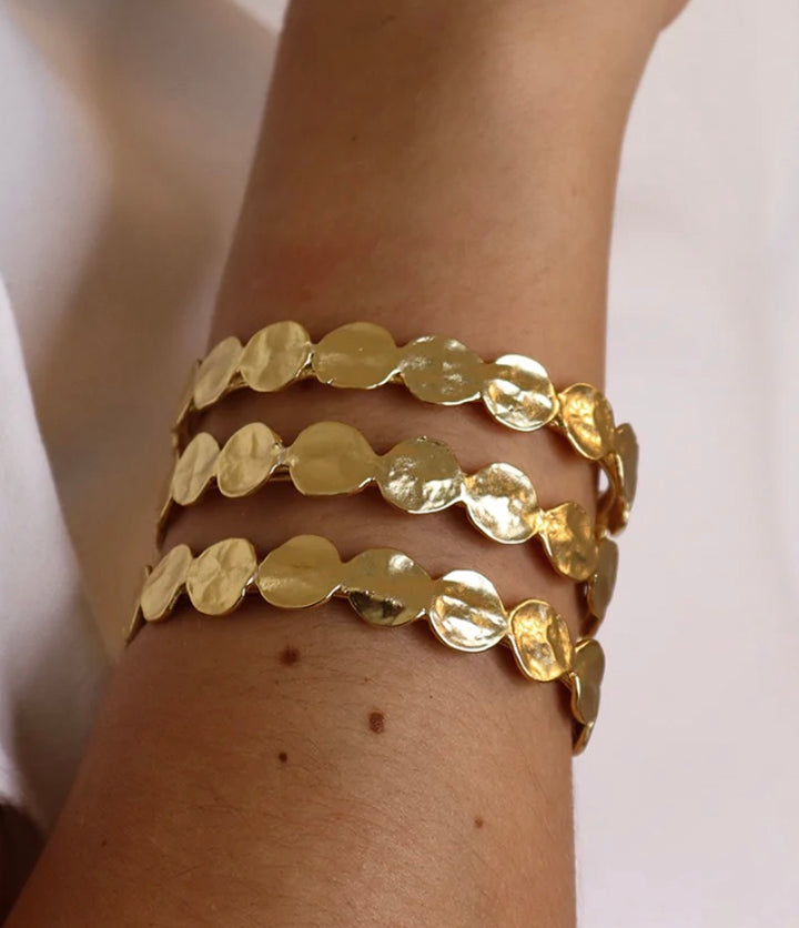 Gold Three Row Layered Coin Cuff Statement Bangle Bracelet