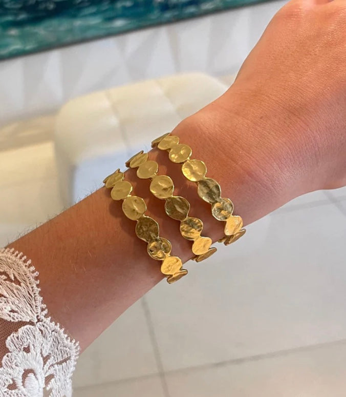 Gold Three Row Layered Coin Cuff Statement Bangle Bracelet