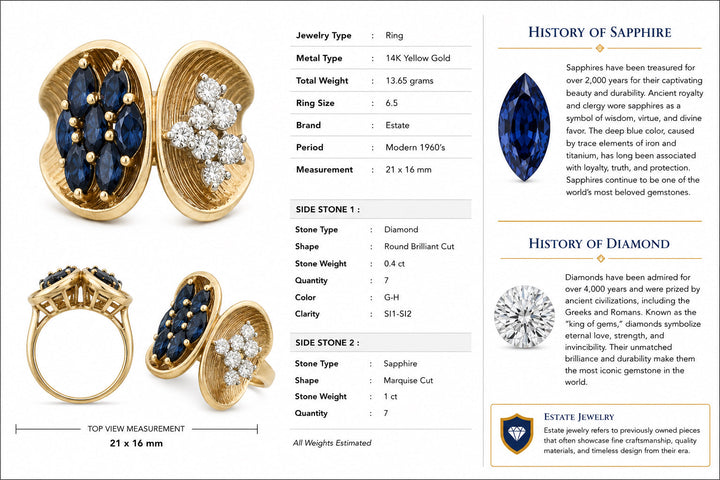 Modern 1960's Diamond and Sapphire 14kt Yellow Gold Ring