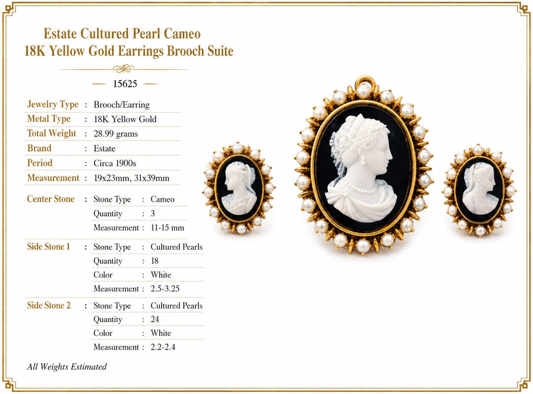 Estate Cultured Pearl Cameo 18K Yellow Gold Earrings Brooch Suite 15625