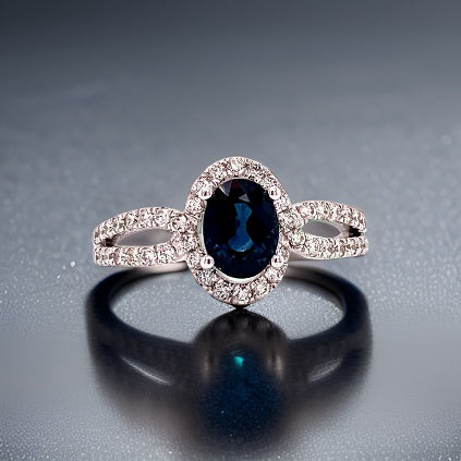 HMA Creations Sapphire and Diamond 14K White Gold Halo Ring