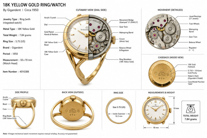 Estate Gigandent 18K Yellow Gold Ring/Watch 7.84g