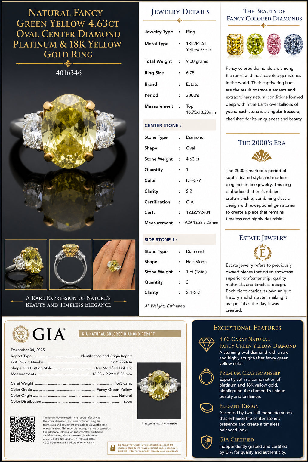 Natural Fancy Green Yellow 4.63ct Oval Center Diamond Platinum & 18K Yellow Gold Ring