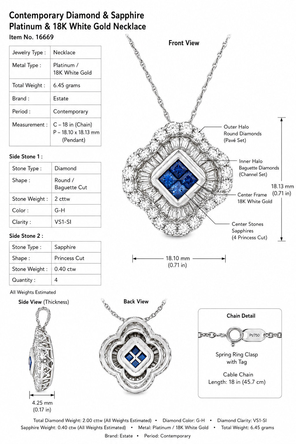 Contemporary Diamond & Sapphire Platinum & 18K White Gold Necklace