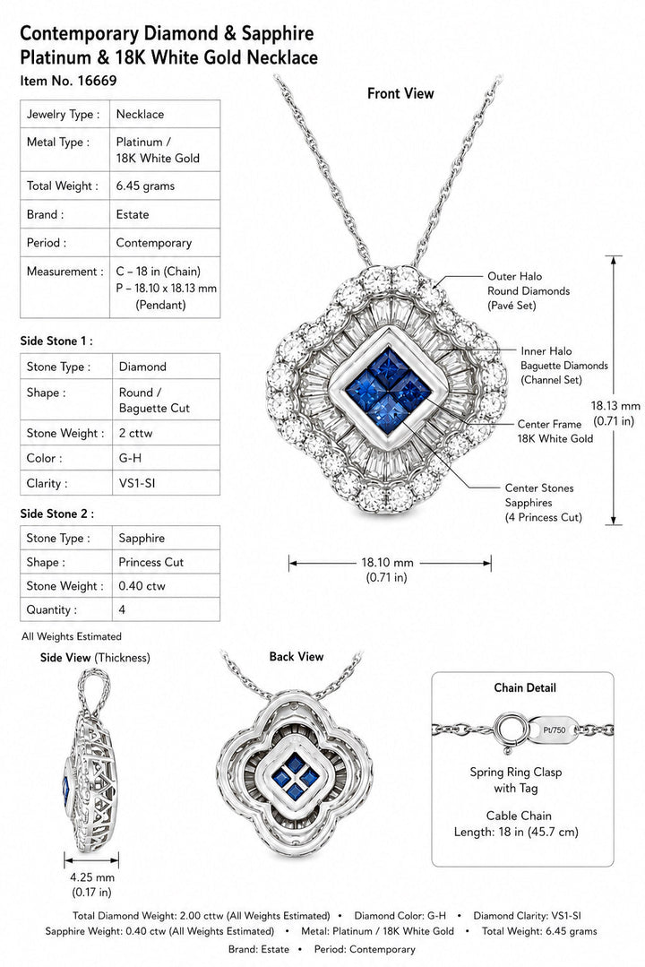 Contemporary Diamond & Sapphire Platinum & 18K White Gold Necklace