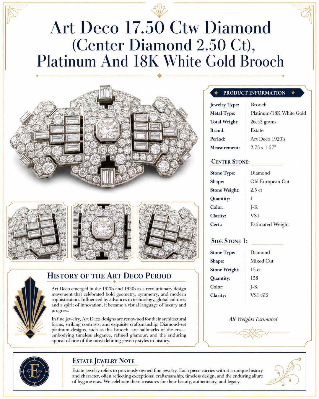 Art Deco 17.50 ctw Diamond (Center Diamond 2.50 ct), Platinum and 18K White Gold Brooch