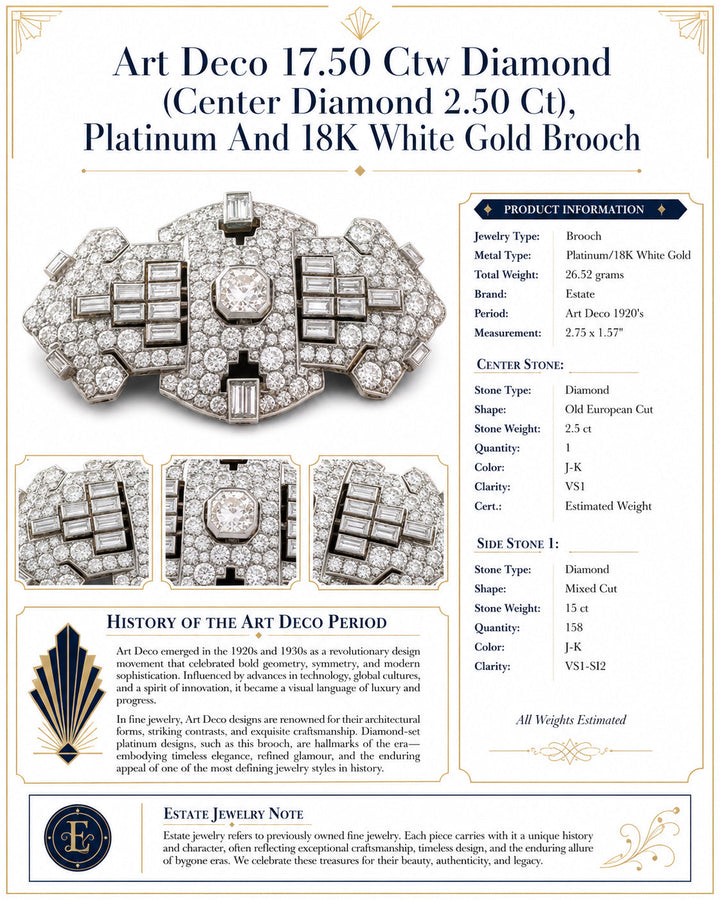 Art Deco 17.50 ctw Diamond (Center Diamond 2.50 ct), Platinum and 18K White Gold Brooch