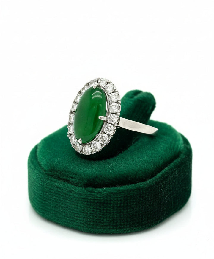 Natural Jade Diamond Platinum Halo Ring