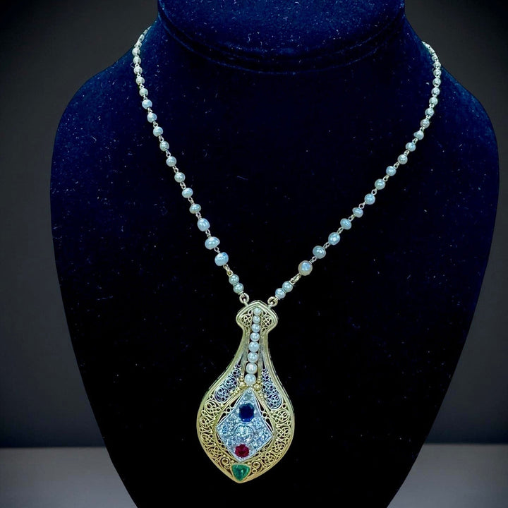 Designer V. Parseghian Diamond, Sapphire, Ruby, Pearl Platinum/18K Yellow Gold Necklace