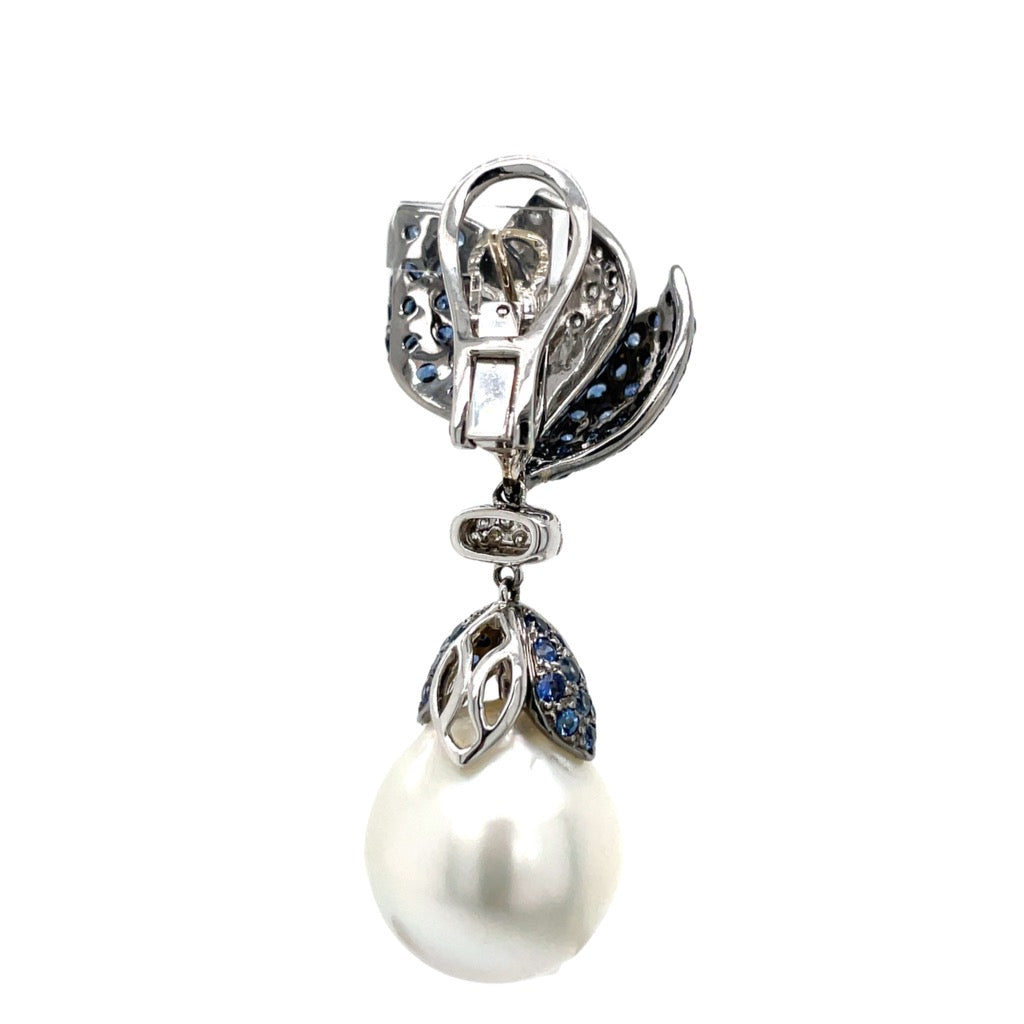 15.76-15.88mm South Sea Pearl, Diamond, Sapphire and 18K White Gold Dangle Earrings