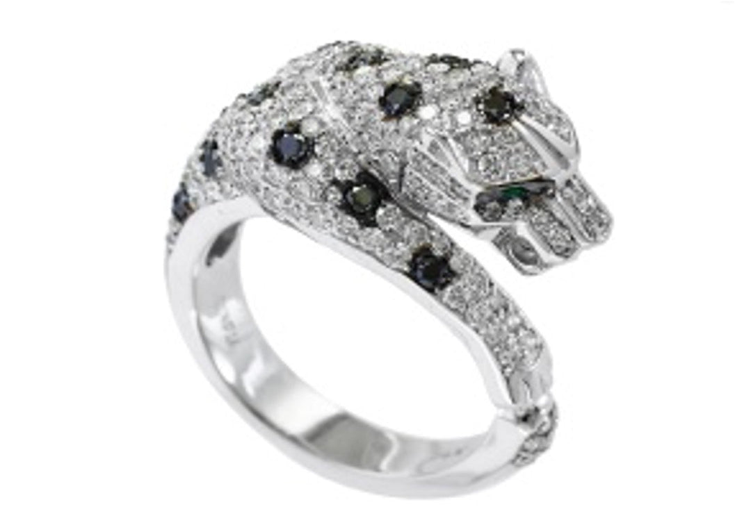 Efft White and Black Diamond, Emerald and 14K White Gold Panther Ring
