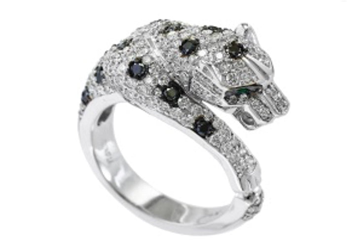 Efft White and Black Diamond, Emerald and 14K White Gold Panther Ring