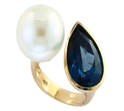 London Blue Topaz & Fresh Water Pearl 14K Yellow Gold Ring