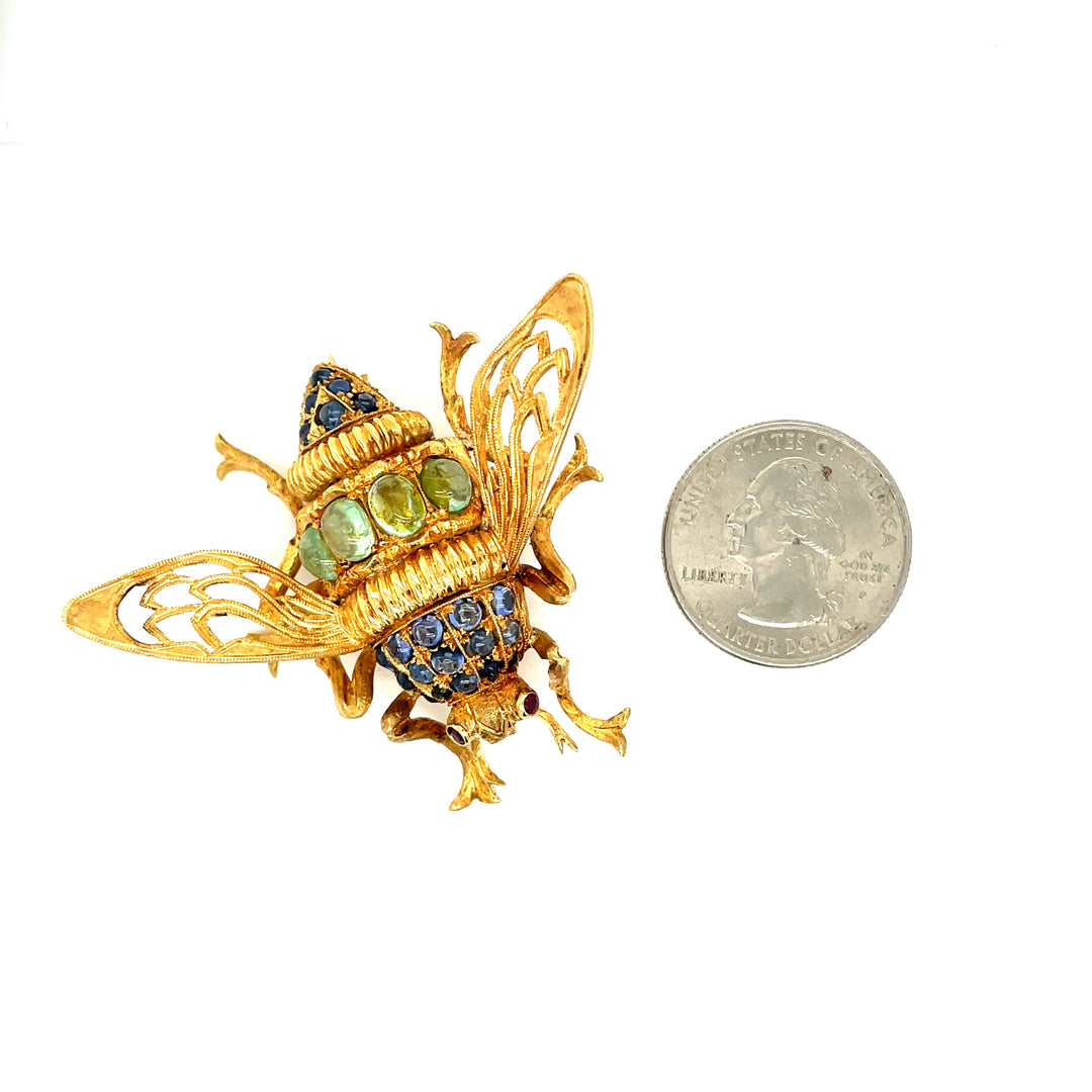 Sapphire Ruby and Peridot 18K Yellow Gold Bee Pin