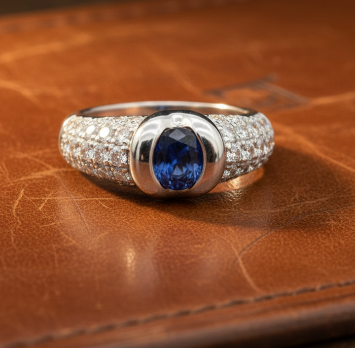 Sapphire, Diamond and 18K White Gold Tapered Ring