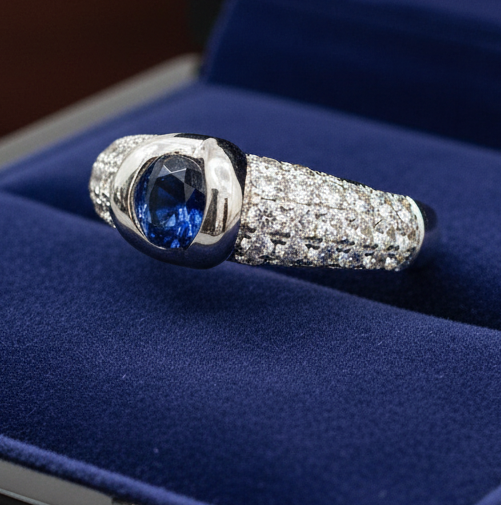 Sapphire, Diamond and 18K White Gold Tapered Ring