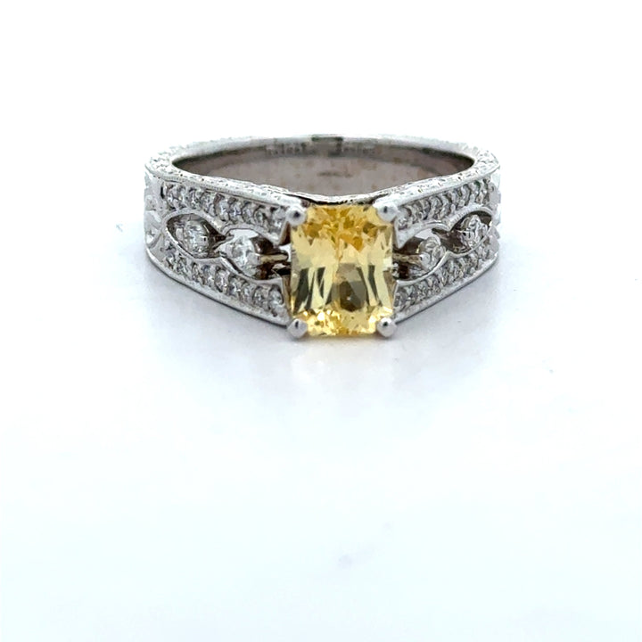 Yellow Sapphire, Diamond, and 18K White Gold Antique Ring