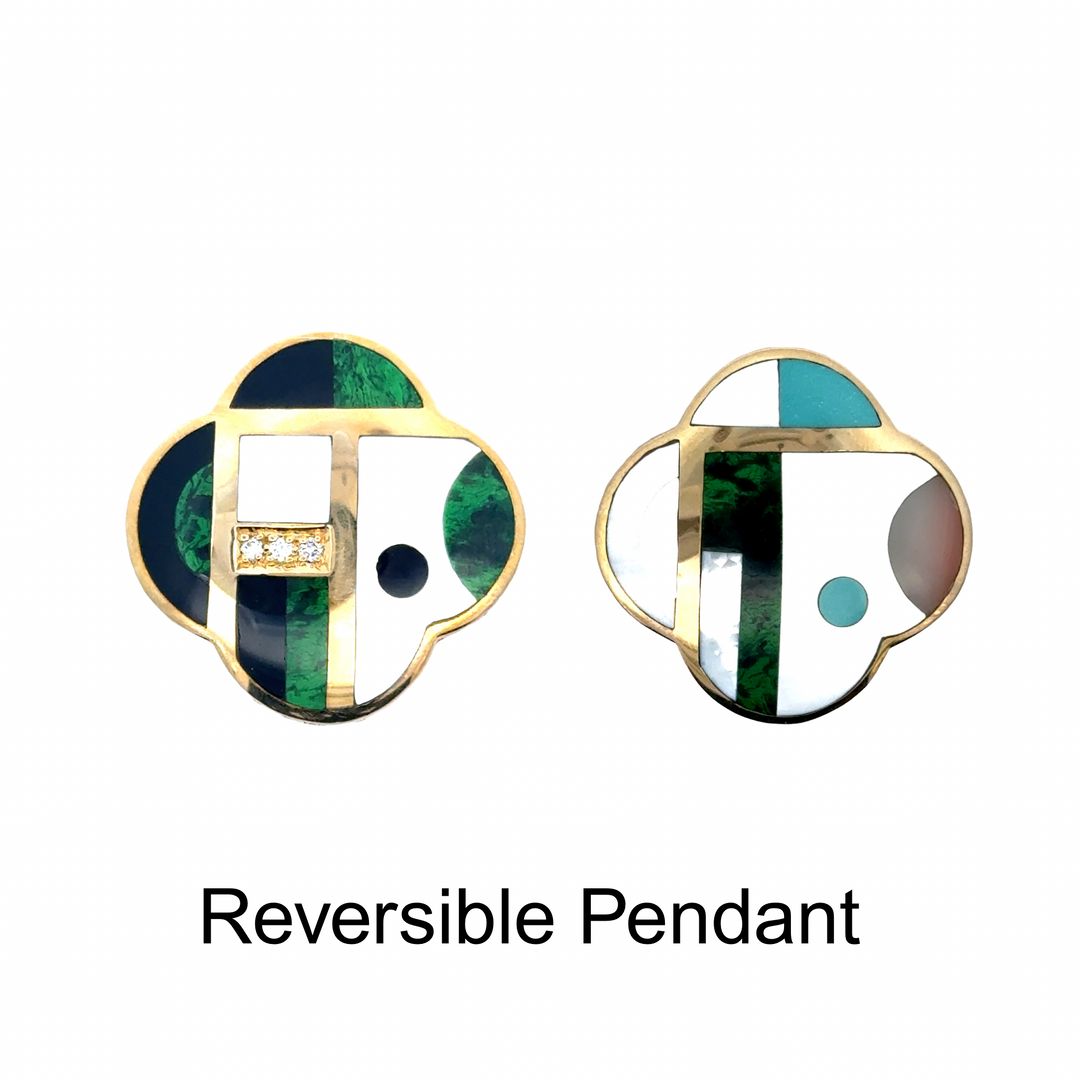 Designer Asch Grossbardt Mother of pearl, Turquoise, Malachite, Diamond, Onyx, Coral 14K Yellow Gold Pendant