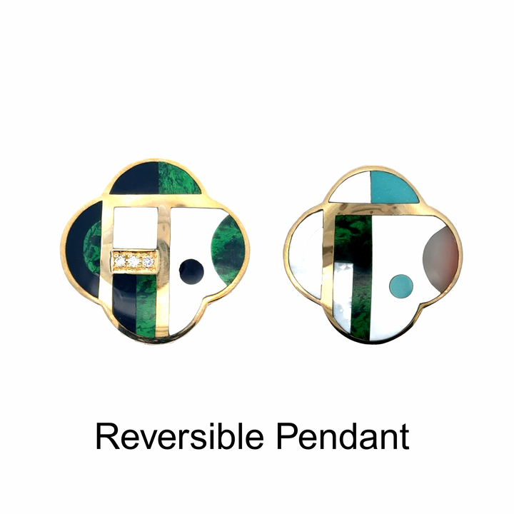 Designer Asch Grossbardt Mother of pearl, Turquoise, Malachite, Diamond, Onyx, Coral 14K Yellow Gold Pendant