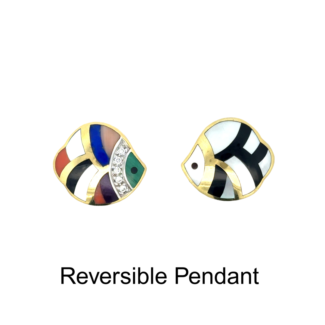 Estate Designer Asch Grossbardt Bunny Diamond, Multi Color Semi Precious Reversible 14K Yellow Gold Pendant.
