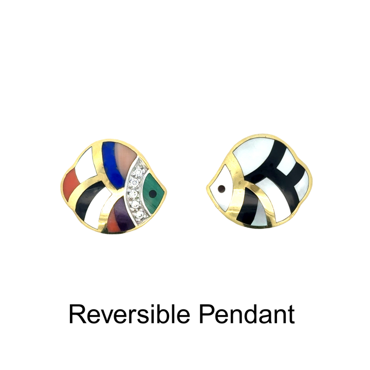 Estate Designer Asch Grossbardt Bunny Diamond, Multi Color Semi Precious Reversible 14K Yellow Gold Pendant.