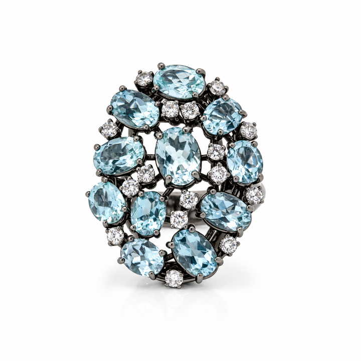 18K white gold aquamarine and diamond black rhodium statement ring angled view