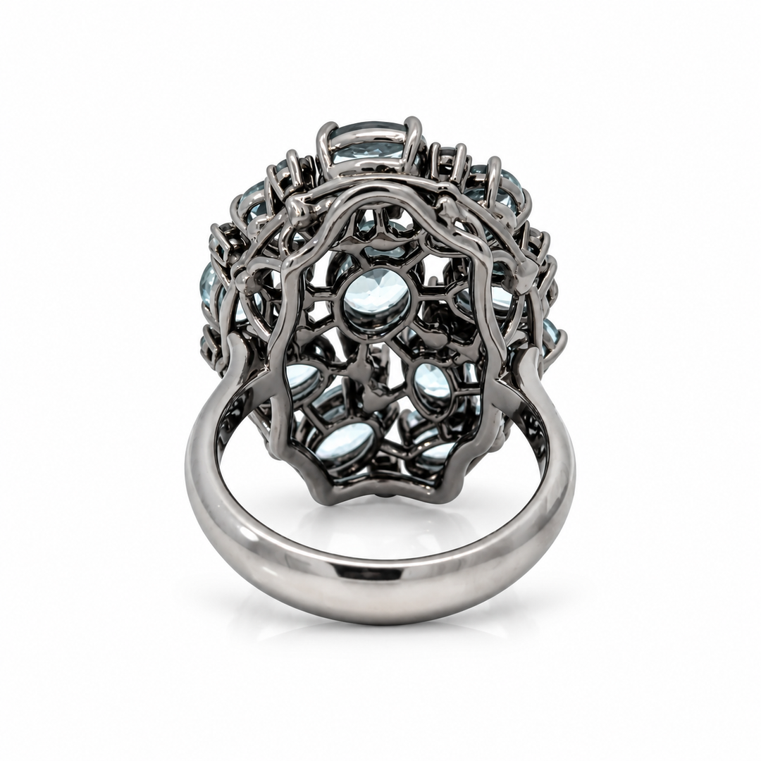 18K white gold aquamarine and diamond black rhodium statement ring back view