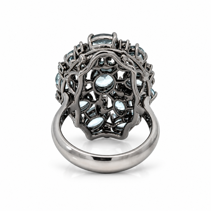18K white gold aquamarine and diamond black rhodium statement ring back view